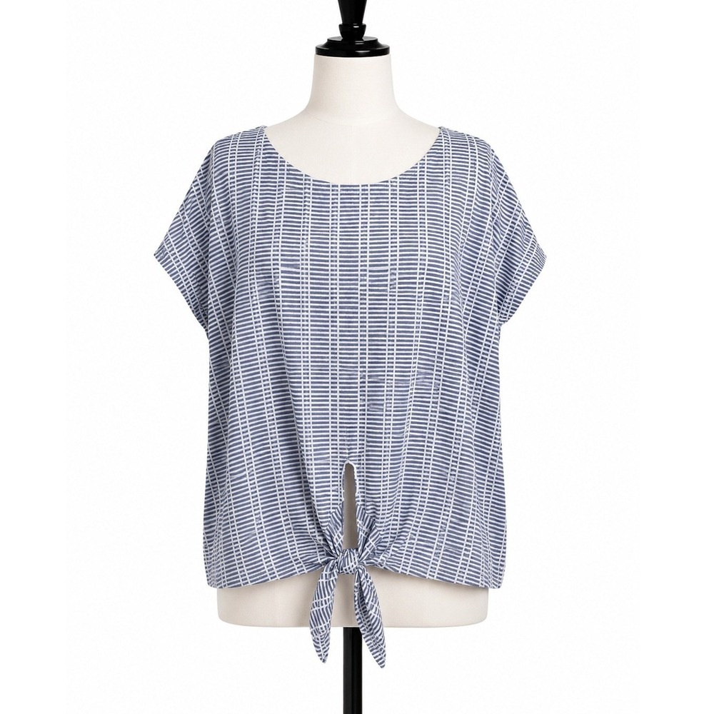 W5 Size 3X Blouse Top Front Tie Blue White Short Cap Sleeve Coastal Nautical